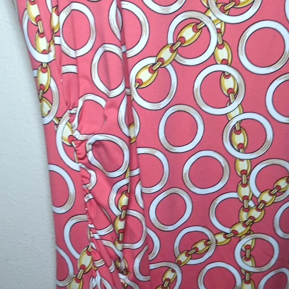 J. McLaughlin Pink + Gold Circles + Chains Pattern Ruched Dress Women's Size M - Picture 4 of 7